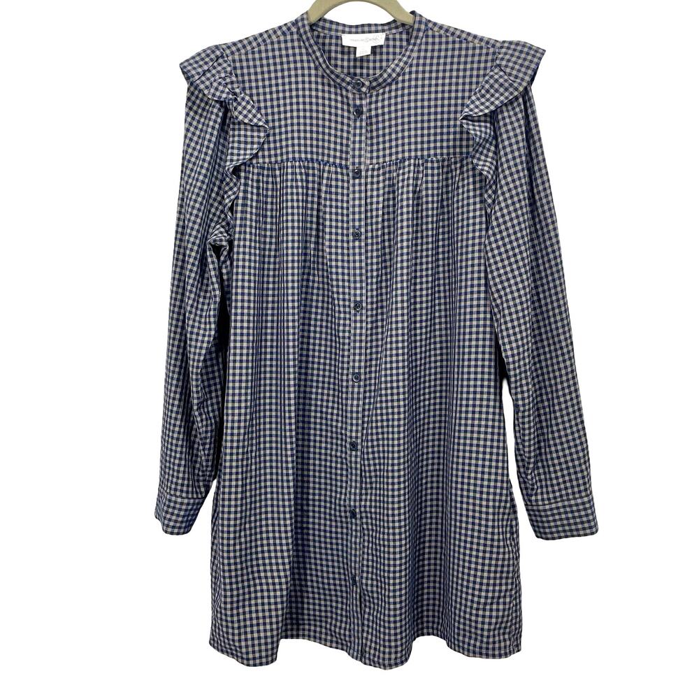 Treasure & Bond Plaid Babydoll Mini Dress Blue Gray Button Up LS Ruffle Trim M